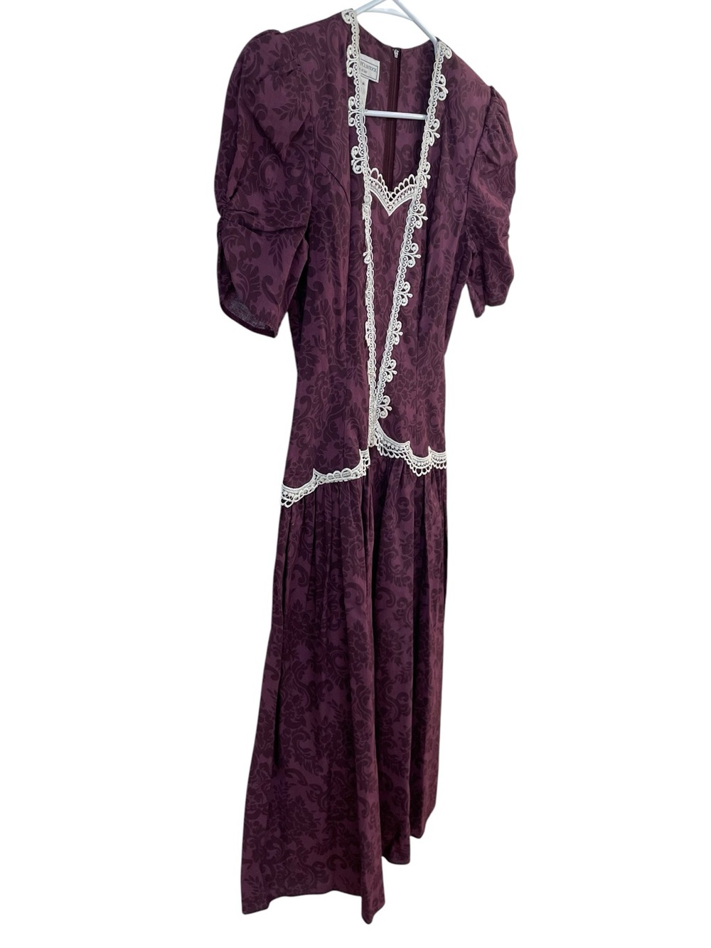 Vintage 80s Jessica McClintock Gunne Sax Cotton Prairie Dress 7/8 Burgundy Lace - Picture 5 of 15